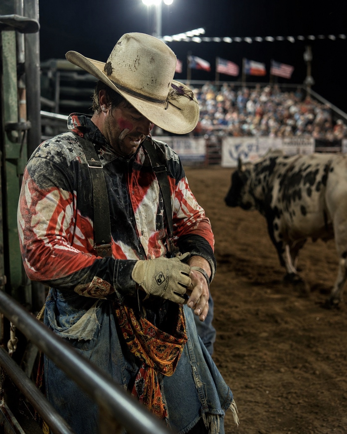 Cowboy at the chutes in face paint with the arena behind — rodeo portrait by Brian Mullin, Pause Studios.