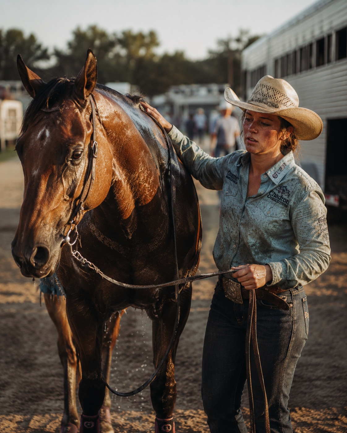 Rider cooling a horse before competition at golden hour behind the trailers — equine event photography by Brian Mullin, Pause Studios.