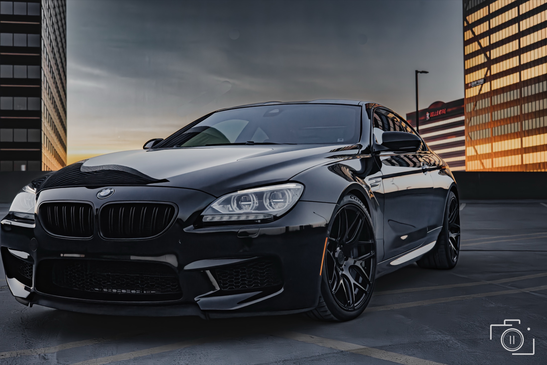 BMW M6 front three-quarter from rooftop position in Southfield, Michigan. Personal automotive editorial. Photography by Brian Mullin, Pause Studios.