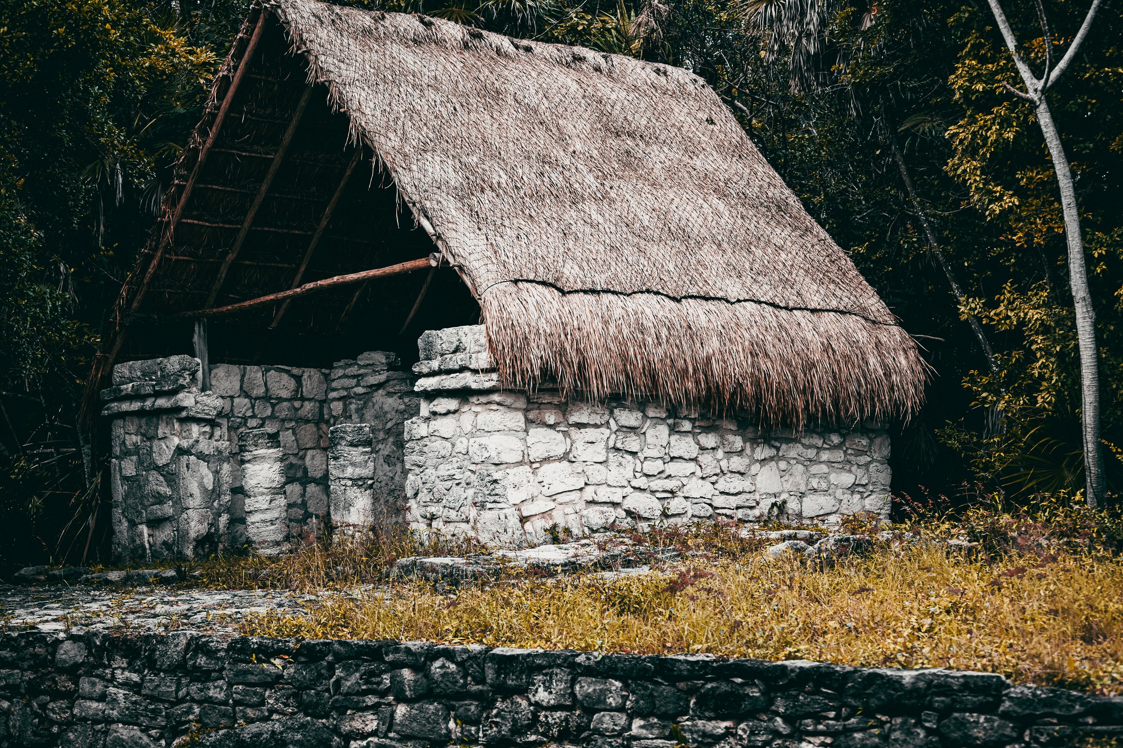 A Mayan stone structure with a thatched palapa roof in the Riviera Maya jungle — destination editorial photography by Brian Mullin, Pause Studios.