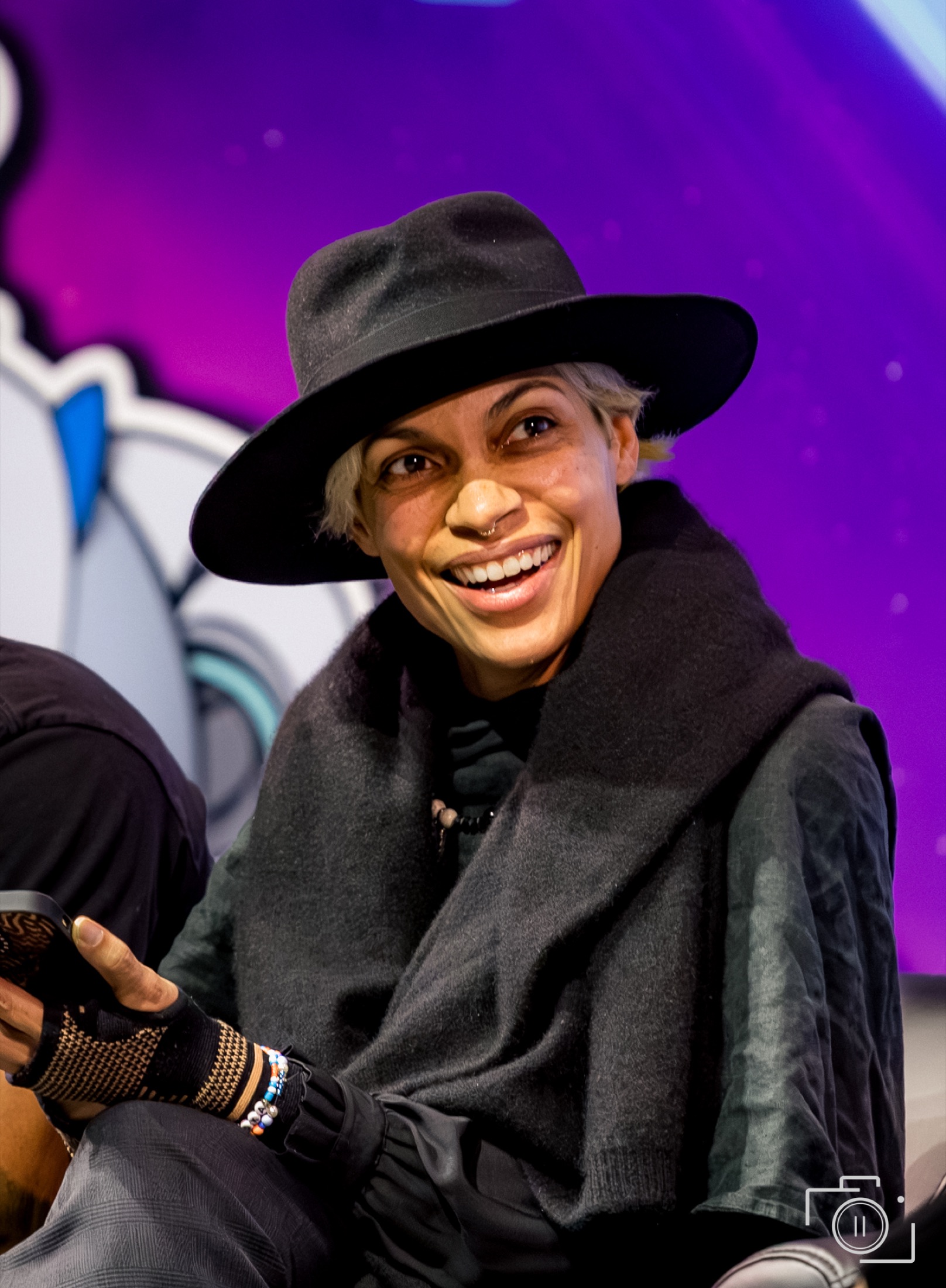 Rosario Dawson at GalaxyCon Columbus 2025 — portrait during panel appearance. Editorial photography by Brian Mullin, Pause Studios.