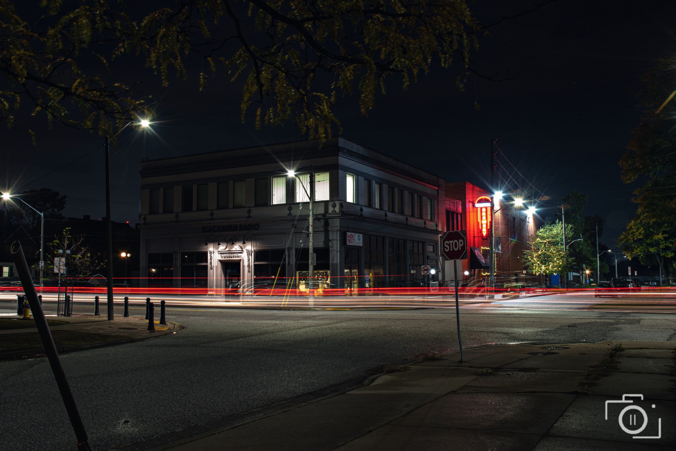 The Walkerville district at night with light-trails and the brewery neon. Photography by Brian Mullin, Pause Studios.
