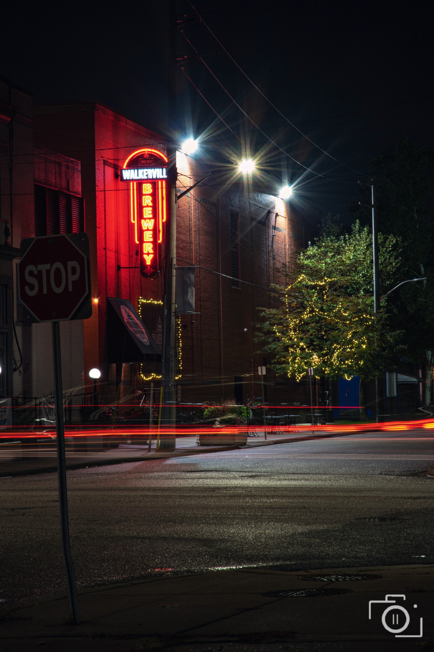 Walkerville Brewery neon sign at night with light-trails — brand and venue coverage by Brian Mullin, Pause Studios.